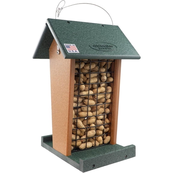 DutchCrafters Plastic Poly Hanging Whole Peanut Bird Feeder for Large Birds, Woodpeckers, Blue Jays for Outdoor, Garden, Yard - USA Amish Made (Turf Green & Cedar)
