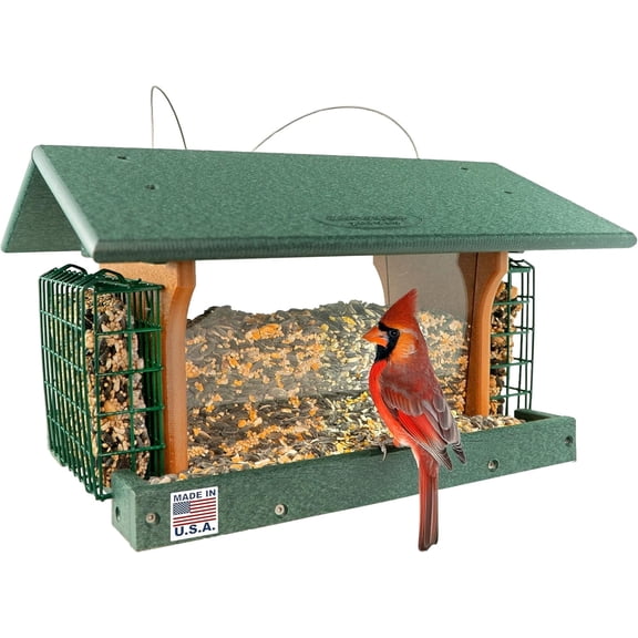 Amish-Made Poly Hanging Large Hopper Bird Feeder with Two Suet Cake Holder Cages, Durable Long Lasting Outdoor Bird Feeder - Amish American Made in USA (Turf Green & Cedar)