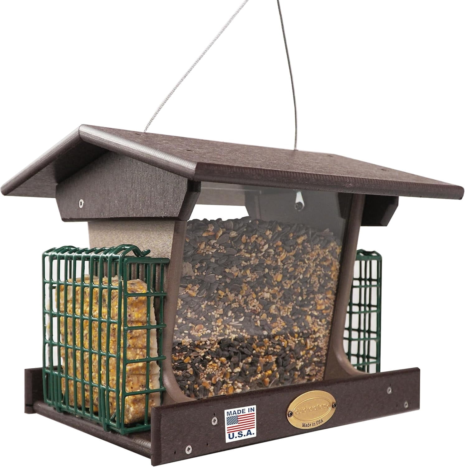 DutchCrafters Poly Hopper Bird Feeder with Suet Holder, Large Bird Feeder for Outdoors Hanging - Amish American Made (Milwaukee Brown & Weatherwood)