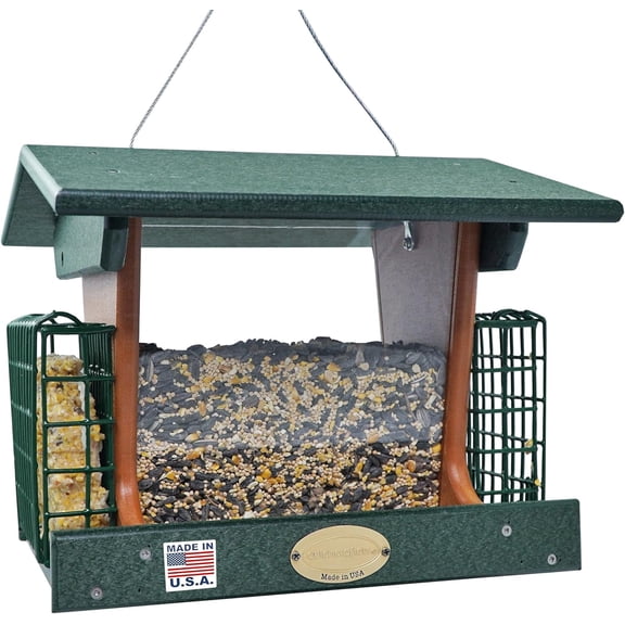 DutchCrafters Poly Hopper Bird Feeder with Suet Holder, Large Suet Feeder for Birds, Outdoor Hanging - Amish American Made (Turf Green & Cedar)