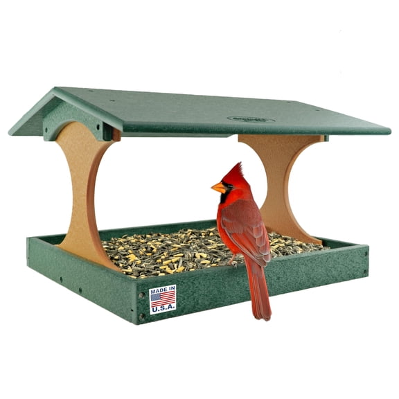 Amish-Made XL Fly-Through 4x4 Post Mount Poly Bird Feeder, Turf Green & Cedar