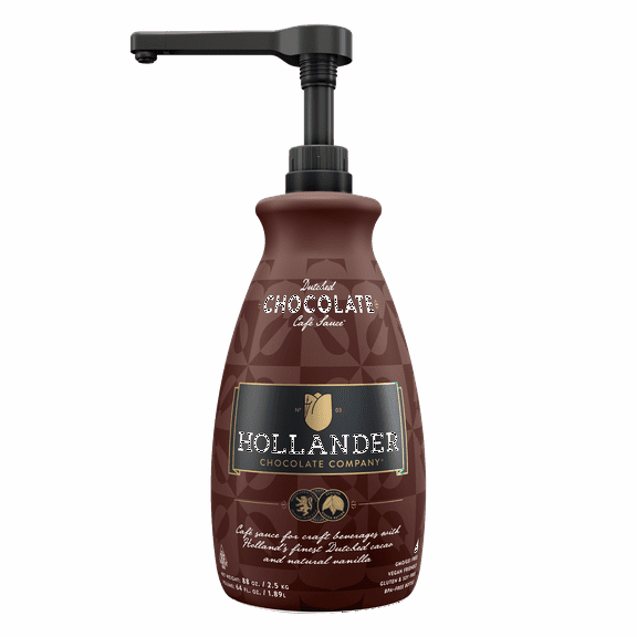 Dutched Chocolate Cafe Sauce by Hollander Chocolate Co. | Perfect for the Professional or Home Barista | Rainforest Alliance Certified | Net Wt. 89 oz (64 fl. Oz.) Large Bottle (PUMP Included)