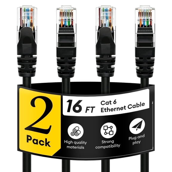 Dutevolns Cat 6 Ethernet Cable 16 ft, 2-Pack RJ45 Cord, Outdoor Indoor High Speed 1Gbps LAN for Router, PS5, Xbox, Computer