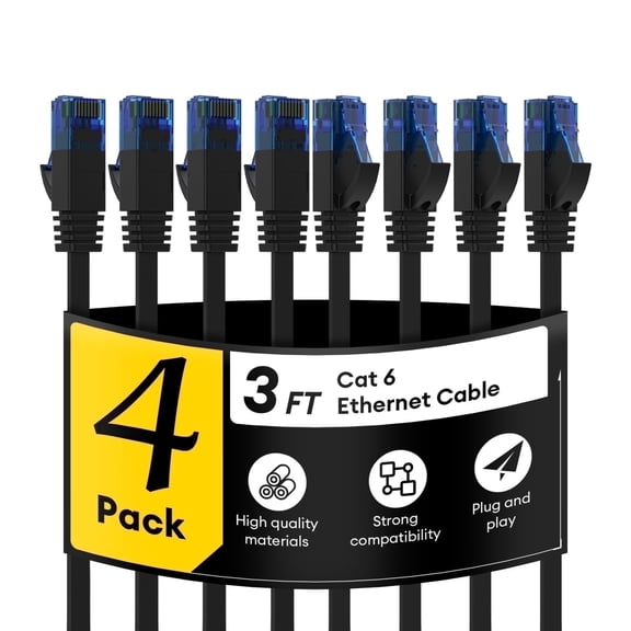 Dutevolns Cat 6 Ethernet Cable 3 ft, 4-Pack Flat RJ45 Internet Cord, High Speed LAN for Router, PS5, Xbox, Gaming, Computer