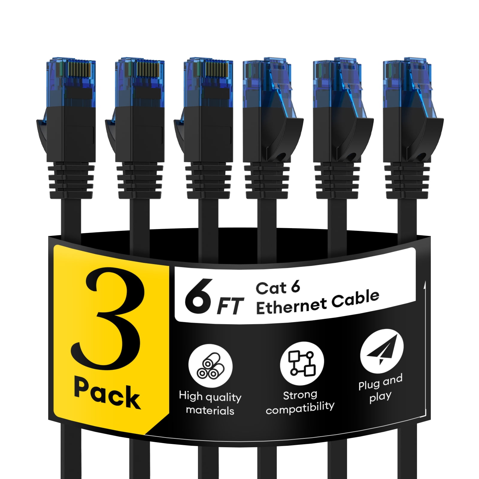 Dutevolns Cat 6 Ethernet Cable 6 ft, 3-Pack Flat RJ45 Internet Cord ...
