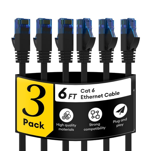 Dutevolns Cat 6 Ethernet Cable 6 ft, 3-Pack Flat RJ45 Internet Cord, High Speed LAN for Router, PS5, Xbox, Gaming, Computer