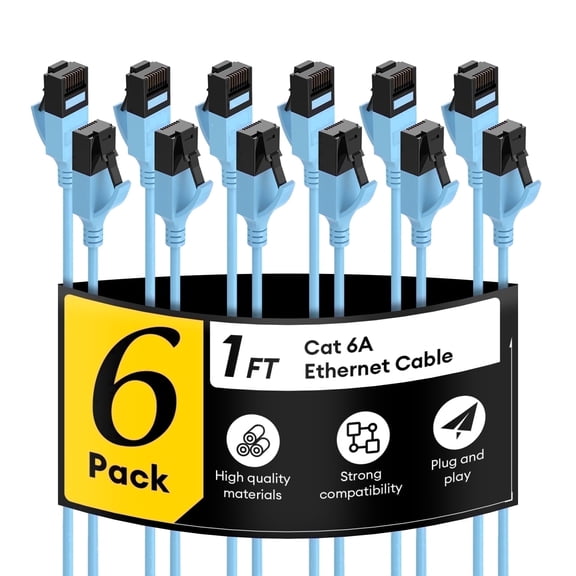 Dutevolns Cat6A Ethernet Cable 1 ft, 6-Pack Slim 32AWG Pure Copper RJ45 Cord, 10G 500MHz for PC, Router, Modem