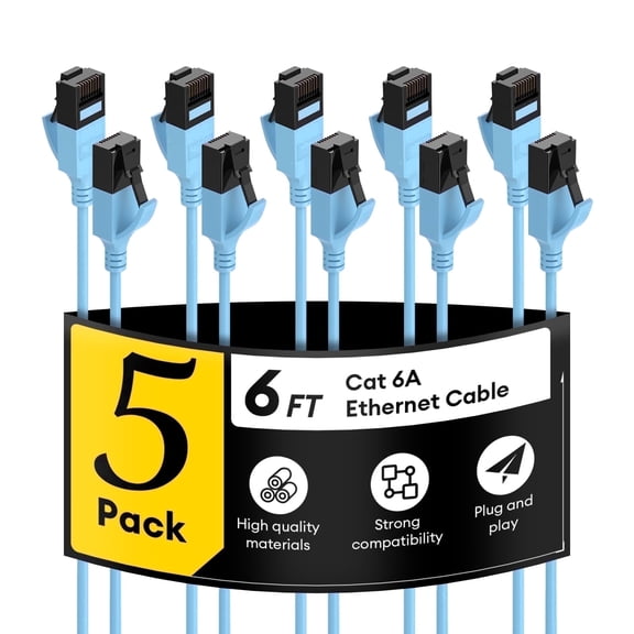 Dutevolns Cat6a Ethernet Cable Slim 6ft 5Pack, Outdoor&Indoor 32AWG Pure Copper Cat6a Internet Cable, Flexible Ethernet Cable 10G 500MHZ, Cat 6A Network cable for PC /Router/Modem