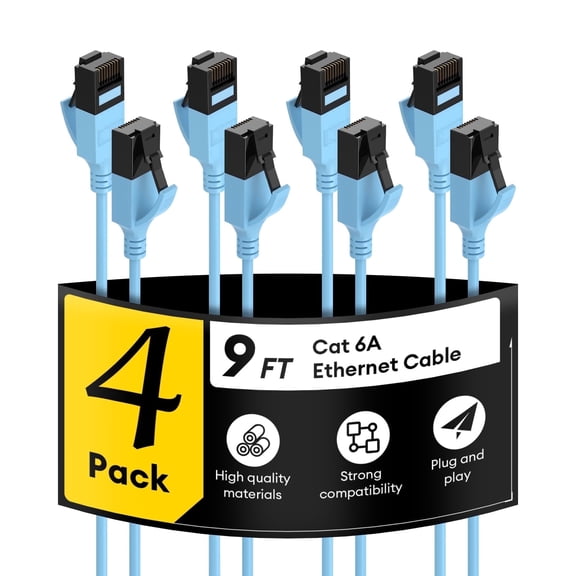 Dutevolns Cat6a Ethernet Cable Slim 9ft 4Pack, Outdoor&Indoor 32AWG Pure Copper Cat6a Internet Cable, Flexible Ethernet Cable 10G 500MHZ, Cat 6A Network cable for PC /Router/Modem