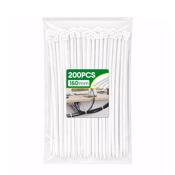 Dutevolns Zip Ties 200PCS 6 Inch, White Heavy Duty Cable Ties, Self-Locking Nylon Zipties, Multi-Purpose Wire Ties for Home, Office, Garden, Workshop Cord Management