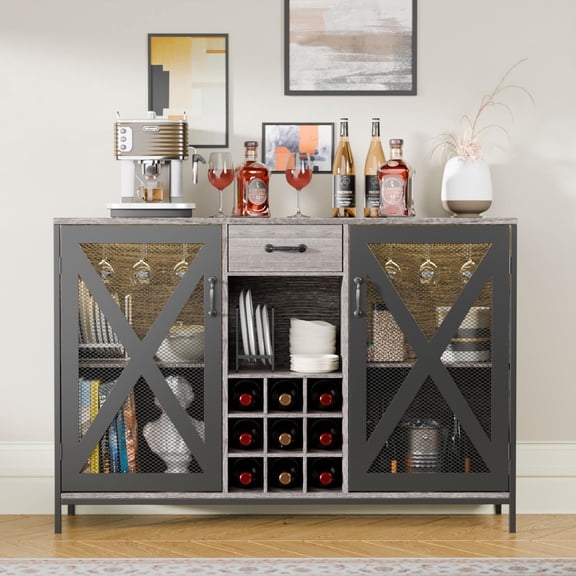 Dutsalrun Wine Bar Cabinet with Light, 55" Farmhouse Big Liquor Cabinet with Drawer Storage Wine & Glass Rack, Storage Shelves, Rustic Long Bar Cabinet Buffet Sideboard for Dining Room