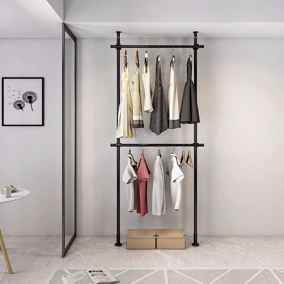 Duty Carbon Steel Garment Rack, Wall Mounted Rack with Double Hanging, Floor to Ceiling Clothing Rack for Bedroom, Laundry Room