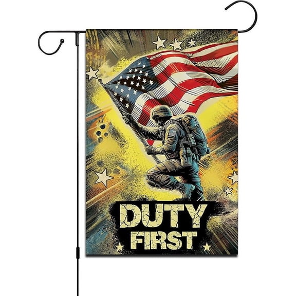 Duty First Military Garden Flag - 12x18 Inch Patriotic Soldier Design, Double-Sided All-Weather Polyester, Outdoor Decor for Veterans & Active Duty