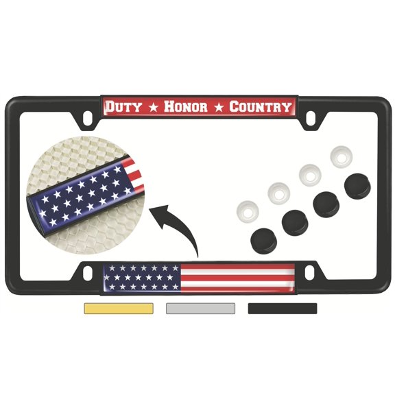 Duty Honor Country U.S. Flag - Domed Custom-Made Personalized Narrow (Thin) Top 4 Hole Metal Car License Plate Frame with Free caps - Black (Quantity: 1 Frame)