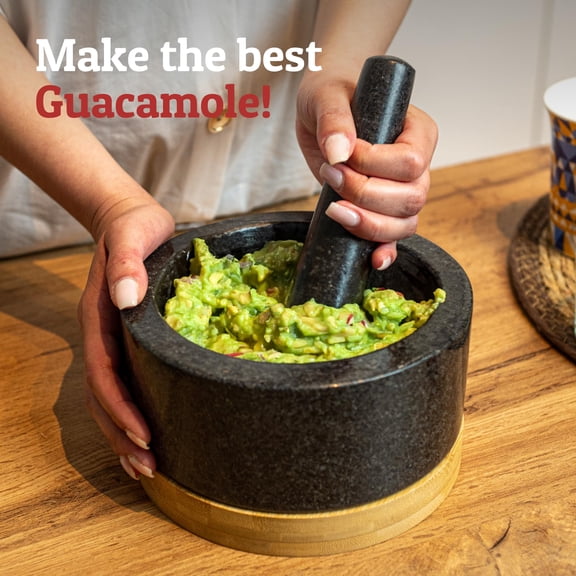 Duty Mortar and Pestle Set with Bamboo Base, 100% Natural Granite Stone Grinder, Guacamole Bowl and Masher, 4 Cups, Grey