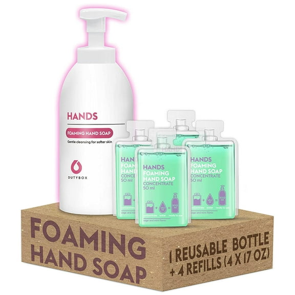 DutyBox Hands - Foaming Hand Soap, Scented Gentle Moisturizing Hand Wash. Simple to Use, Easy and Efficient. Raspberry (1 Reusable Bottle with Foam Dispenser with 4 Refill Packs)