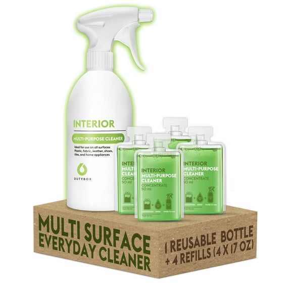 DutyBox Interior - Multi Surface Everyday Cleaner, All Purpose Household Cleaning Product. Refillable, Multipurpose, Multi-Surface Products for Your Home (1 Reusable Spray Bottle with 4 Refill Packs)