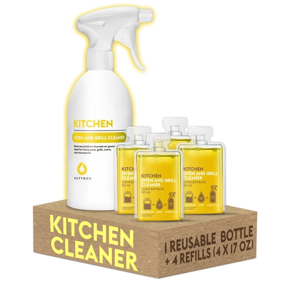 DutyBox Kitchen Cleaning Supplies, Alkaline-Free All-Purpose Cleaner, Kitchen Cleaner, Household Cleaning (1 Reusable Spray Bottle with 4 Refill Packs)