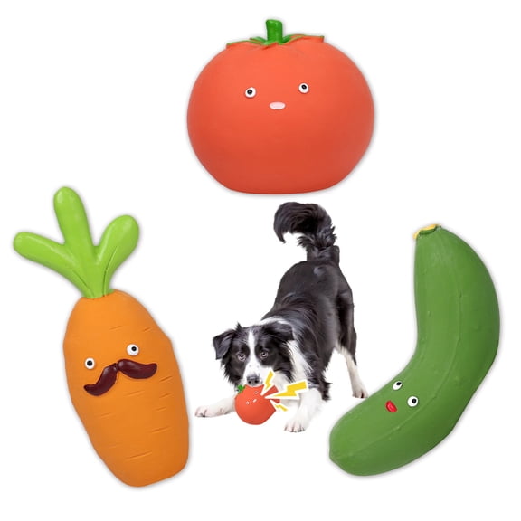 Duuclume 3Pcs Latex Dog Squeaky Toys, Vegetable Interactive Chew Toys Set (Cucumber, Tomato, Carrot)