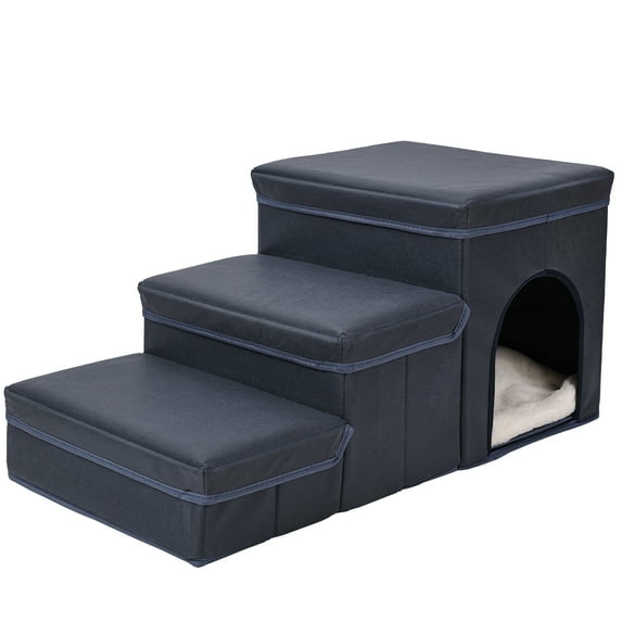 Duuclume Dog Stairs for High Beds and Couch, Foldable 3 Stairs Dog Steps with Storage (Rabbit Plush Mat, Navy)