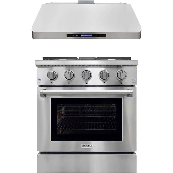 Duura Elite 2 Pc. Stainless Freestanding Gas Range and Range Hood Kitchen Package