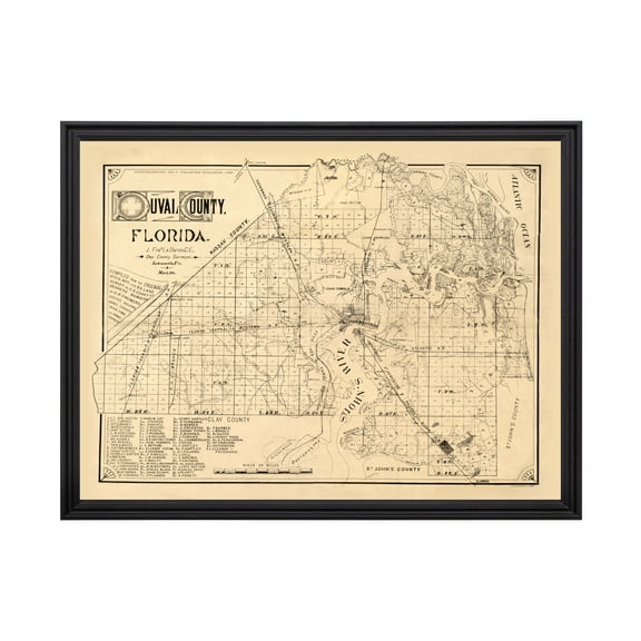Duval County Florida Art, 1885 Vintage Map of Duval County FL History Wall Decor Gift, Old Duval County FL Map - 24" x 18" Black Framed Print