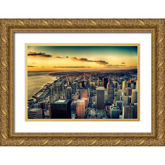 Duval, Richard 32x23 Gold Ornate Wood Framed with Double Matting Museum Art Print Titled - Washington State-Seattle Dusk on the Seattle skyline and Elliot Bay