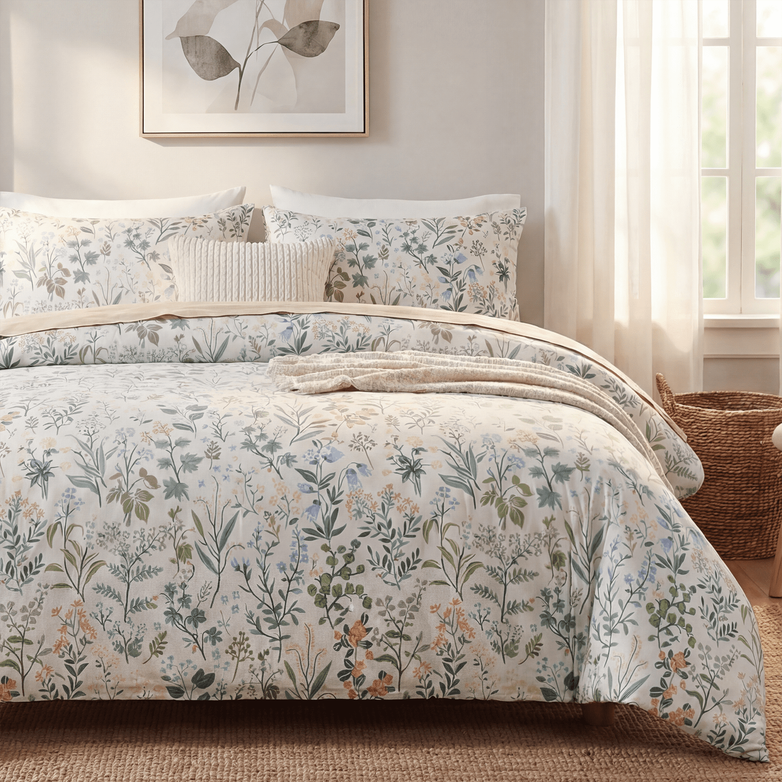 Duvet Cover 100% Cotton Comforter Cover Green Floral Breathable Duvet Cover with Zipper Closure & Corner Ties 3 Pcs Green Fragrant Grass Duvet Cover Set