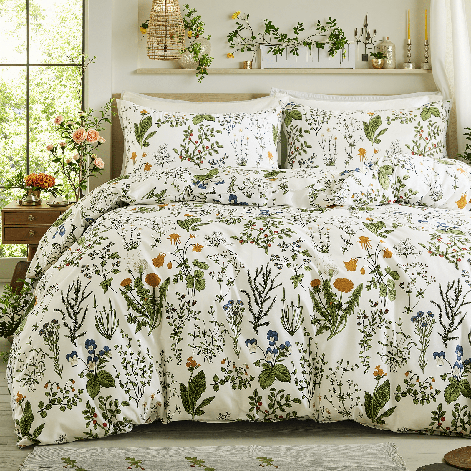 Duvet Cover - 100% Cotton Reversible Floral Duvet Cover Set with Zipper Closure, 3 Pieces Soft & Breathable Green Bedding Set for All Seasons