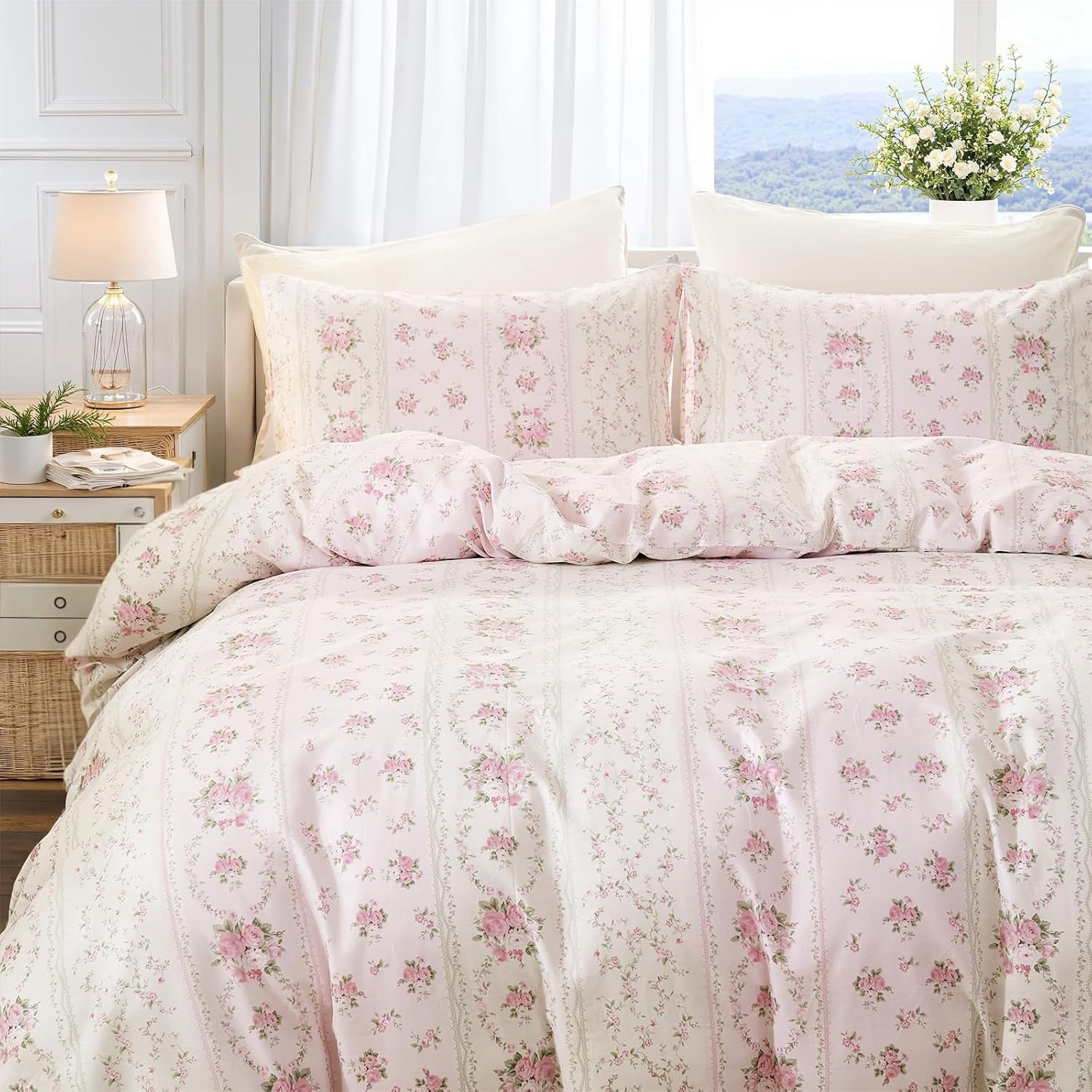 Duvet Cover - 100% Cotton Reversible Floral Duvet Cover Set with Zipper Closure, 3 Pieces Soft & Breathable Pink Aesthetic Bedding Set
