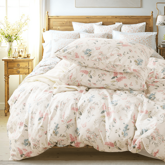 Duvet Cover - 100% Nature Cotton Pink Floral Duvet Cover with Zipper Closure & Corner Ties,3pcs Soft & Breathable Pink Bedding Set with 2 Pillowcases
