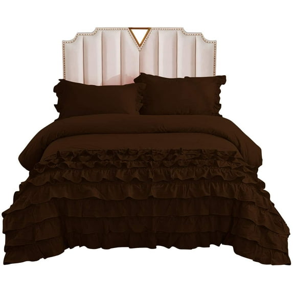 Duvet Cover 5 Piece Set Half-Ruffle (1 Duvet Cover & 4 Pillowcases) 100% Egyptian Cotton Quilt Cover with Zipper, 400TC Luxury Covers for Comforter & Blanket - Chocolate Solid, Standard Size.