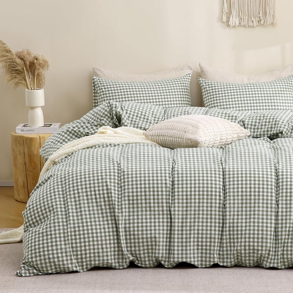 Duvet Cover Bedding Set 100% Washed Cotton Like Linen Feel Super Soft Comfy 3 Piece Vintage Plaid Checkered Fall Comforter Cover Set (King 104"x90", Comforter Not Included)