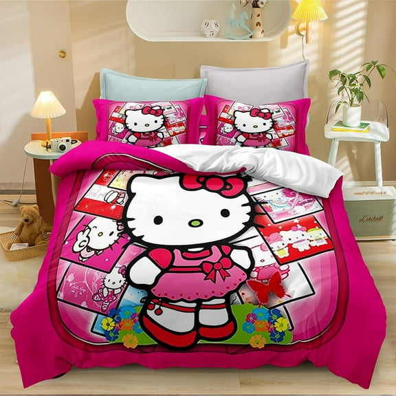 Duvet Cover Bedding Sets Soft Microfiber Bed Set Collection, No Comforter Sheet Duvet Cover Hello Kitty Bedding Bed Set Printed Quilt Cover Set with Pillow Cases, Queen, Sypm4