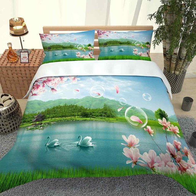 Duvet Cover Blue Lake Swan Luxury 3pcs Bedding Quilt Cover Set Soft