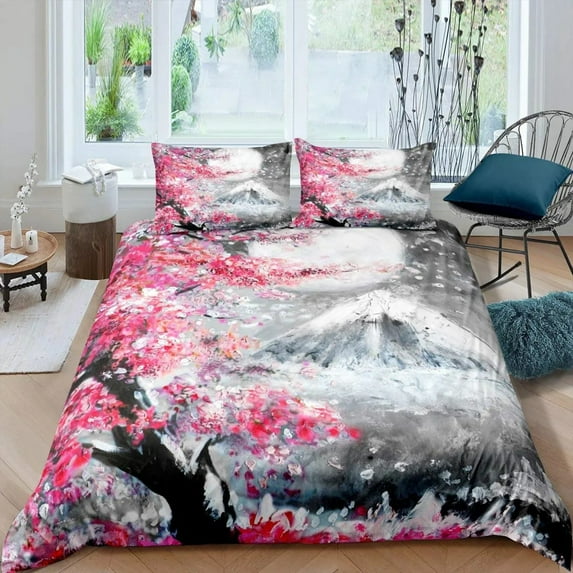 Duvet Cover Branch of Flourishing Sakura Tree Cherry Blossoms Spring Theme Art Pink Decor Dark Bro
