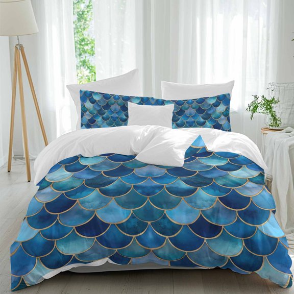 Duvet Cover Cal King Size 3 Piece Bedding Set, Abstract Geometric Patchwork Soft Breathable Comforter Cover with 2 Pillow Shams, Retro Blue Gradient Pattern Luxury Duvet Covers with Zipper Closure