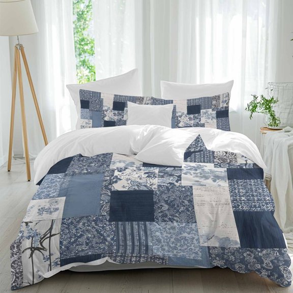 Duvet Cover Cal King Size 3 Piece Bedding Set, Blue Geometric Retro Patchwork Soft Breathable Comforter Cover with 2 Pillow Shams, Vintage Floral Texture Luxury Duvet Covers with Zipper Closure