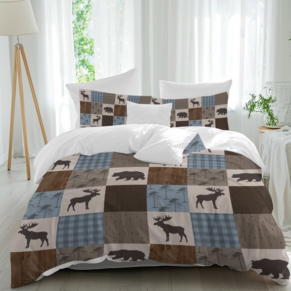 Duvet Cover Cal King Size 3 Piece Bedding Set, Retro Deer Bear Plaid Check Soft Breathable Comforter Cover with 2 Pillow Shams, Abstract Patchwork Pattern Luxury Duvet Covers with Zipper Closure