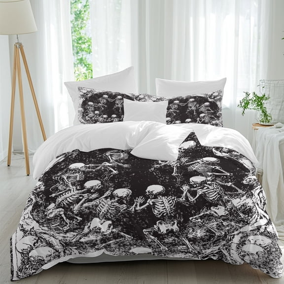 Duvet Cover Cal King Size 3 Piece Bedding Set, Retro Halloween Scary Skull Skeleton Soft Breathable Comforter Cover with 2 Pillow Shams, Monochrome Horror Silhouette Duvet Covers with Zipper Closure