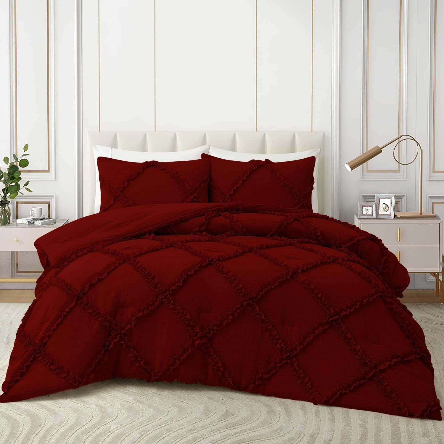 Duvet Cover Diamond Ruffle with Zipper Closure 1 Piece King/California King (94" x 104") Inches 100% Cotton 800 TC Premium Hotel Class Decorative Bedding with Corner Ties - Burgundy Solid