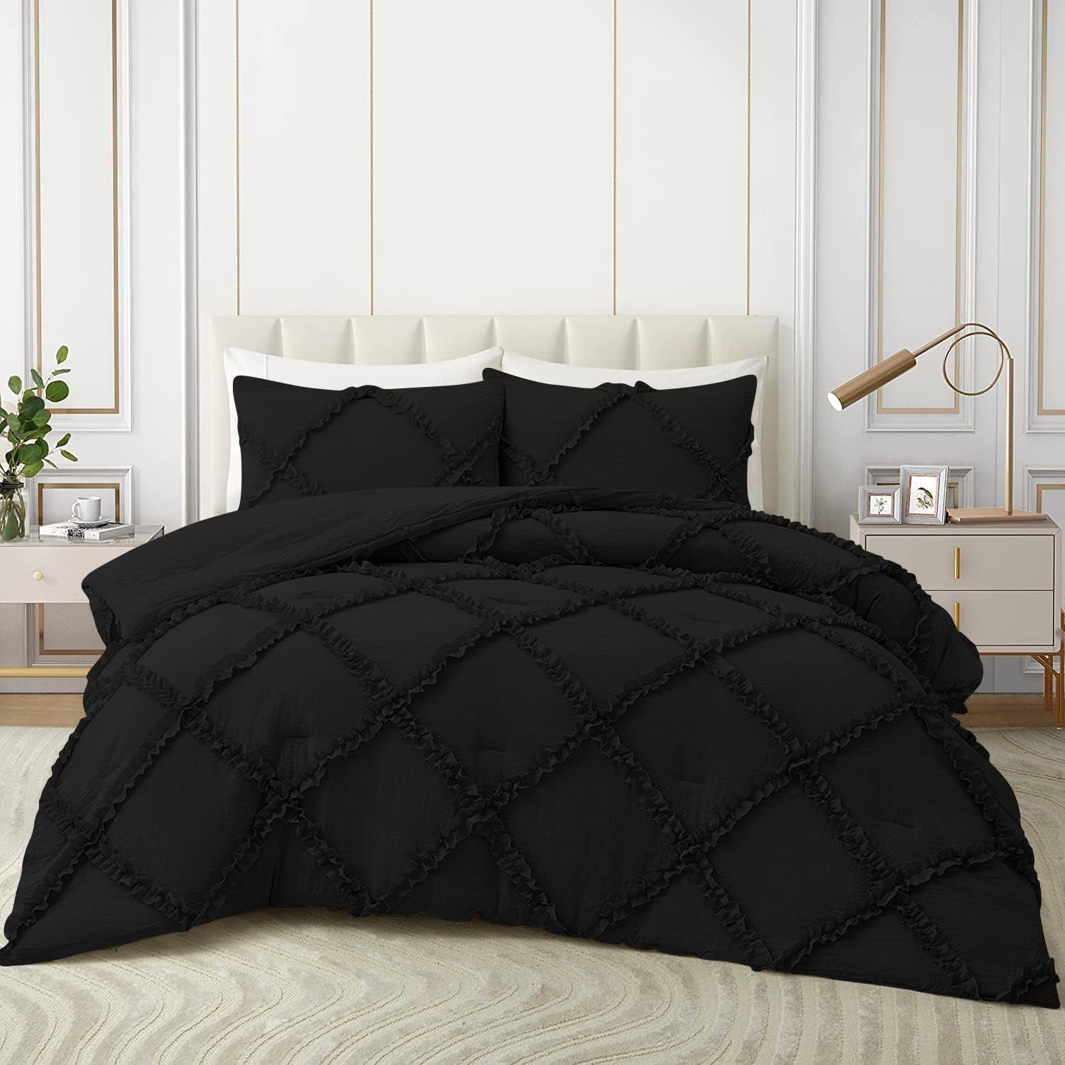 Duvet Cover Diamond Ruffle with Zipper Closure 1 Piece Oversized Queen (98" x 98") Inches 100% Cotton 800 TC Premium Hotel Class Decorative Bedding with Corner Ties - Black Solid