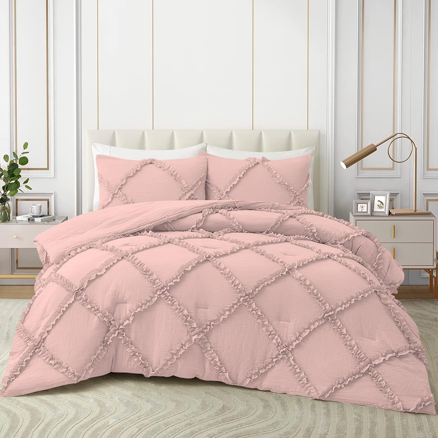 Duvet Cover Diamond Ruffle with Zipper Closure 1 Piece Super King Plus (120" x 120") Inches 100% Cotton 800 TC Premium Hotel Class Decorative Bedding with Corner Ties - Blush Solid