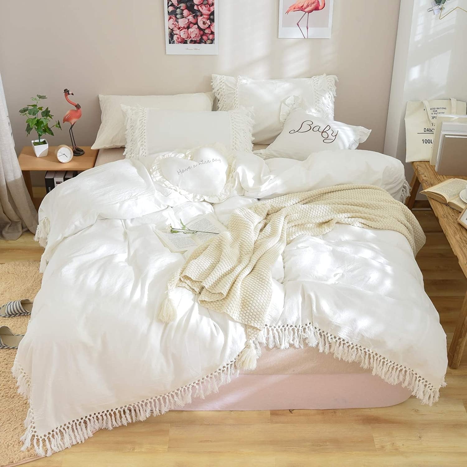 Boho Bedding Tassel Duvet Cover Fringed Twin Pcs 100% Washed