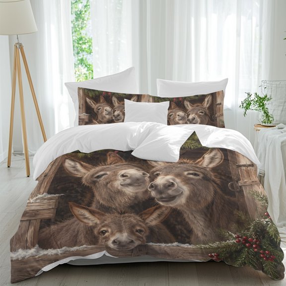 Duvet Cover Full Size 3 Piece Bedding Set, Farmhouse Barn Donkey Soft Breathable Comforter Cover with 2 Pillow Shams, Pine Branches Winter Berry Luxury Duvet Covers with Zipper Closure