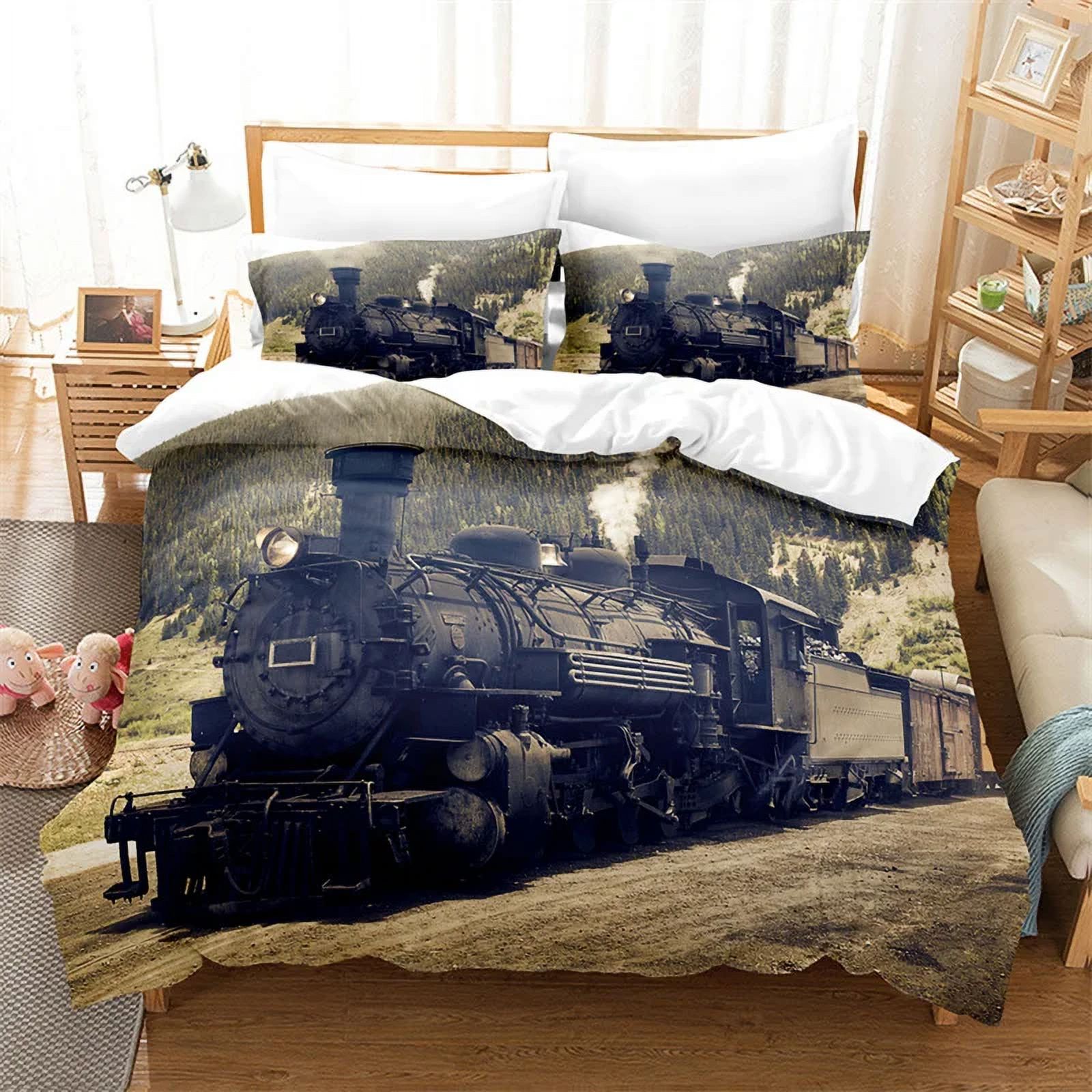 Erosebridal Train Comforter Set Full Size - 3D Steam Engine Bedding For Boys, Microfiber Blue