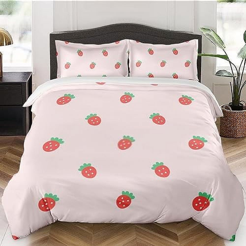 Duvet Cover Full Size Red Pink Cute Strawberry Bedding Set with Zipper ...