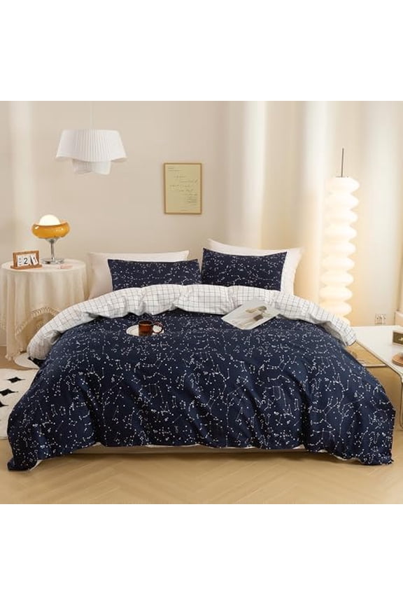 Duvet Cover King, 3 Pieces 100% Natural Cotton 1 Duvet Cover +2 Pillowcases Bedding Set,Navy and Cosmic Constellation Reversible Printed Pattern Breathable and Durable Duvet Cover King Size