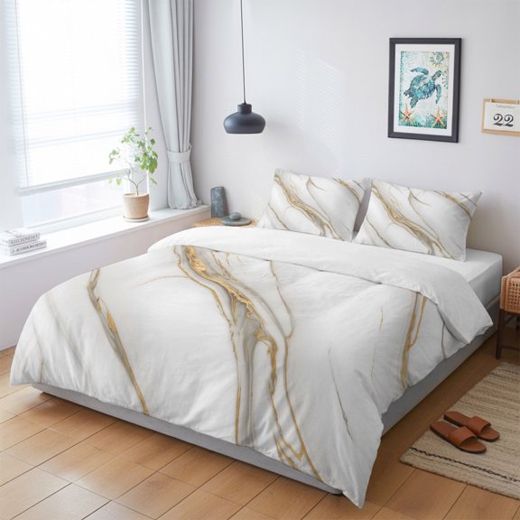 Duvet Cover King Size 3 Piece Bedding Set, Gray Gradient Marble Abstract Art Soft Breathable Comforter Cover with 2 Pillow Shams, Gold Stripe Fluid Art Luxury Duvet Covers with Zipper Closure