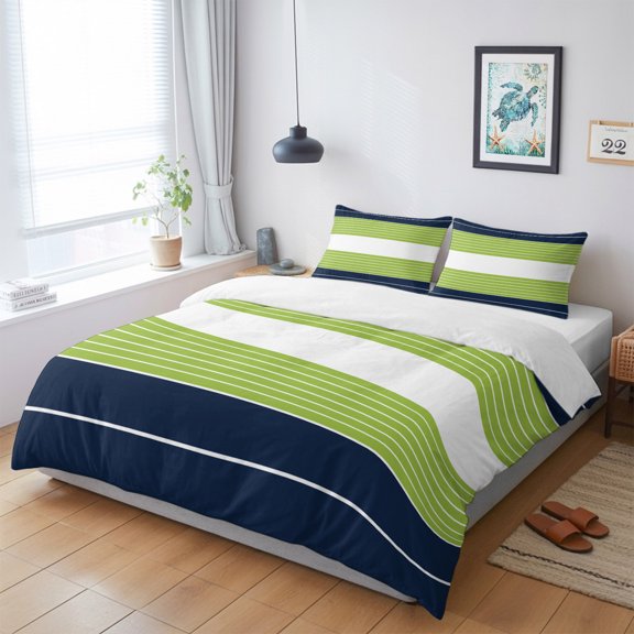 Duvet Cover King Size 3 Piece Bedding Set, Navy Blue Green Striped Soft Breathable Comforter Cover with 2 Pillow Shams, Gradient Watercolor Streak Luxury Duvet Covers with Zipper Closure